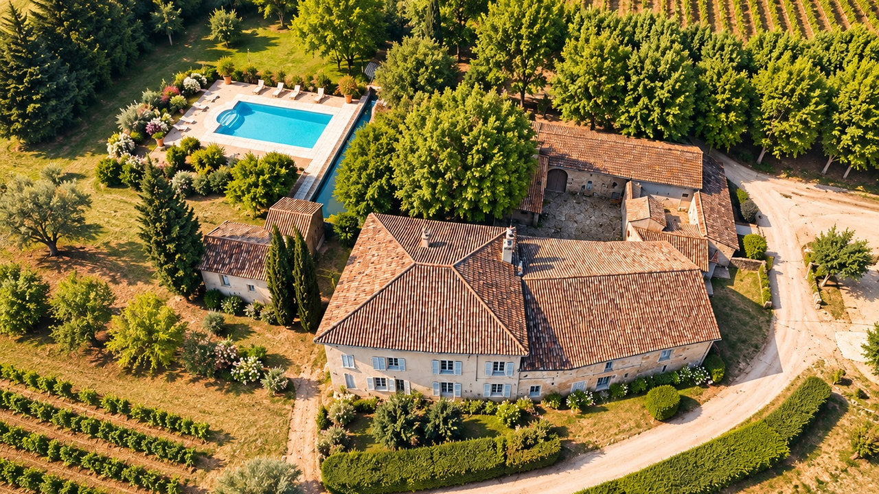 Vue aérienne d’une bastide en pierre avec piscine, entourée de vignes