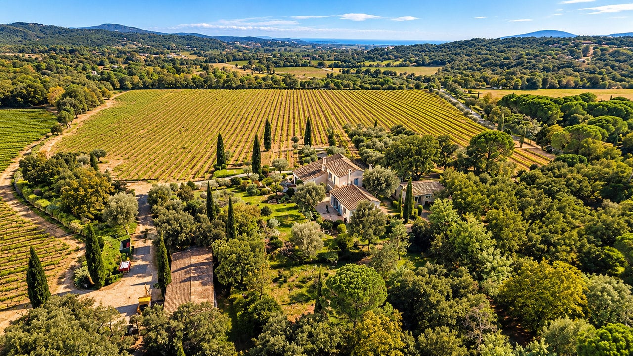 Vue aérienne d’un domaine viticole, sa bastide et ses vignes