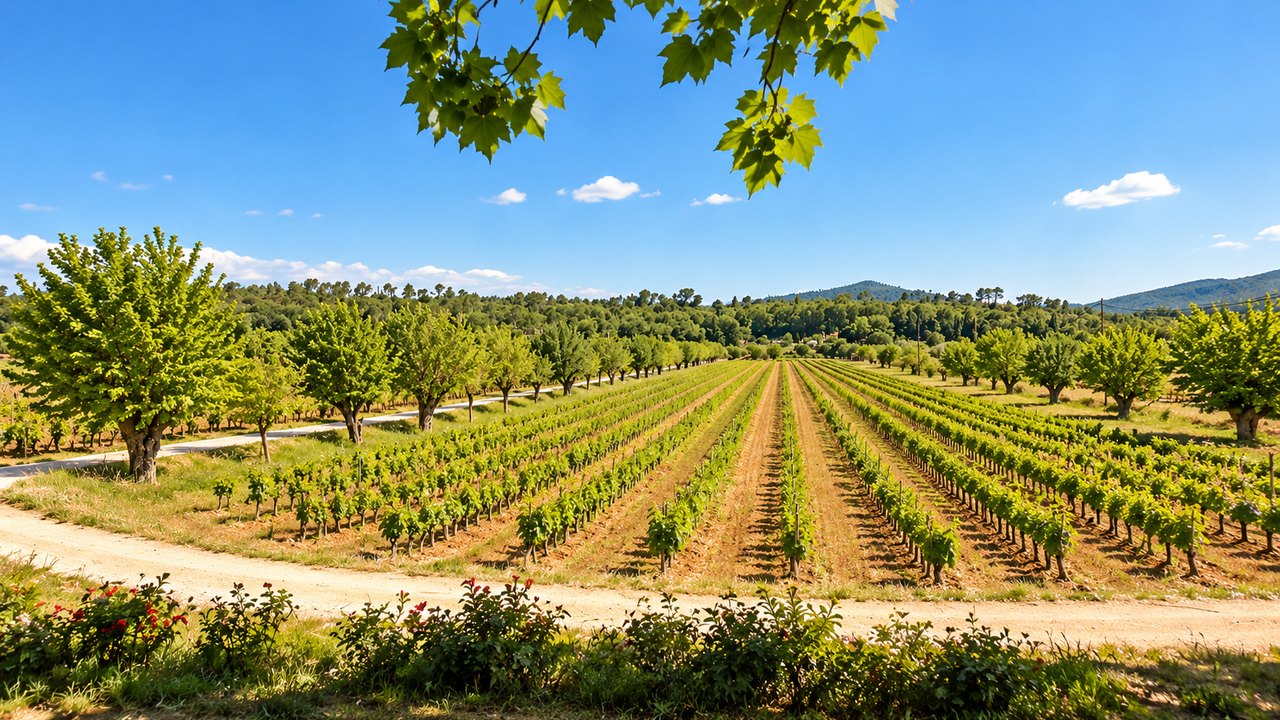 Rangs de vignes bordés d’arbres, collines en arrière-plan